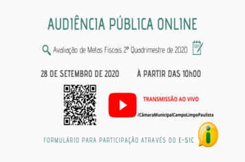 Câmara Municipal transmitirá Audiência Pública da avaliação das metas fiscais pelo Executivo no 2º Quadrimestre de 2020