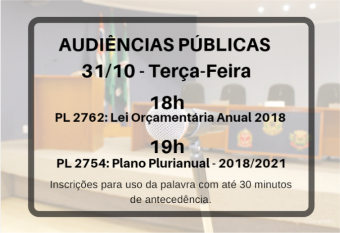 Câmara realizará Audiências Públicas no dia 31/10 à partir das 18 horas.