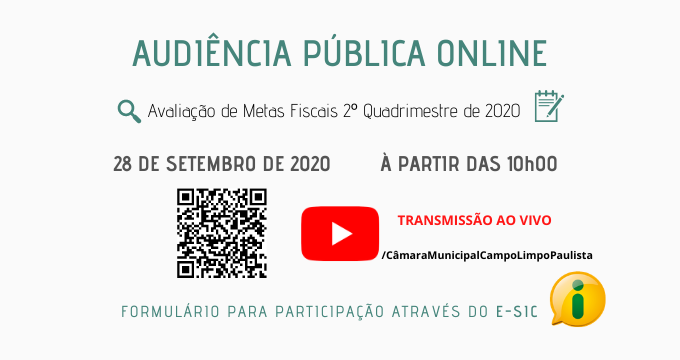 Câmara Municipal transmitirá Audiência Pública da avaliação das metas fiscais pelo Executivo no 2º Quadrimestre de 2020